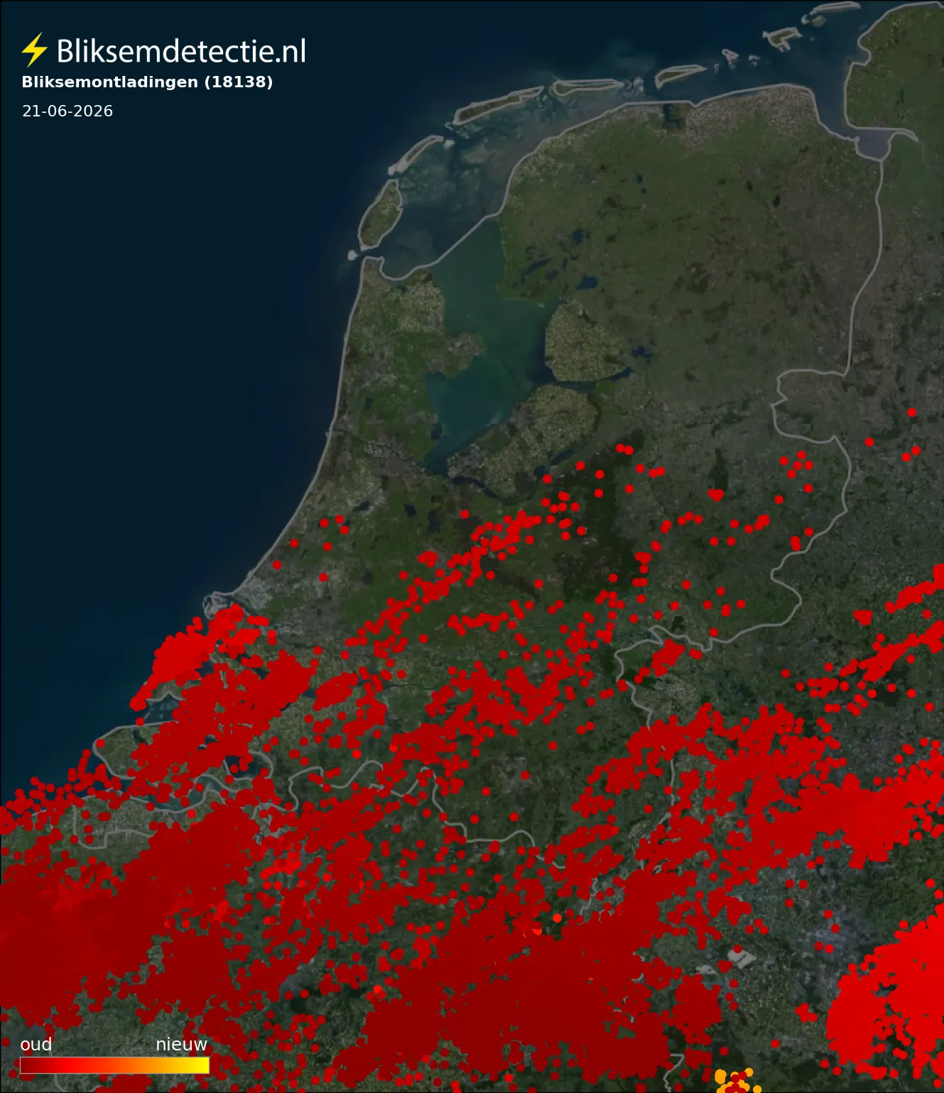 Bliksemkaart Nederland 21 juni 2026