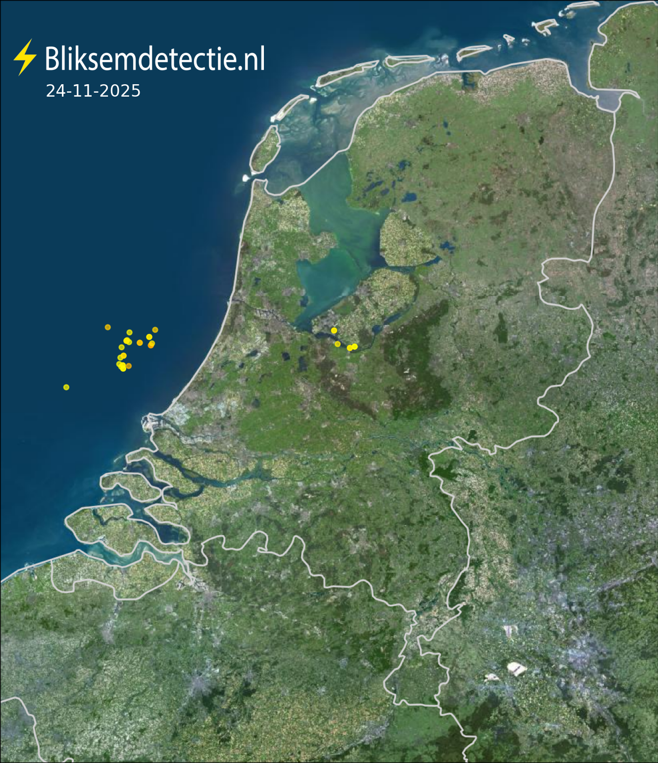 Bliksemkaart Nederland 24 november 2025