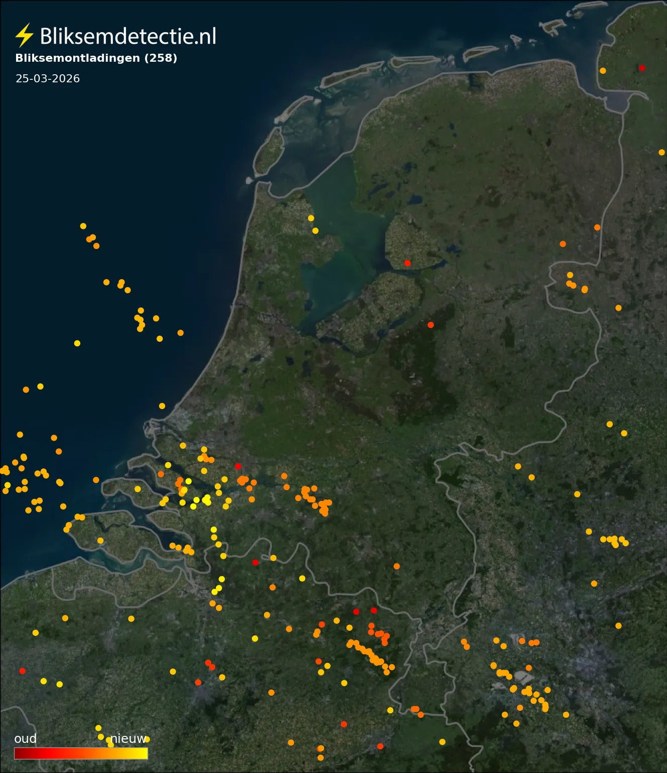Bliksemkaart Nederland 25 maart 2026