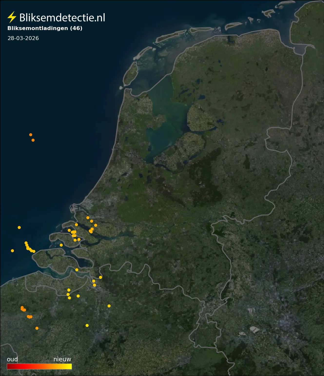 Bliksemkaart Nederland 28 maart 2026