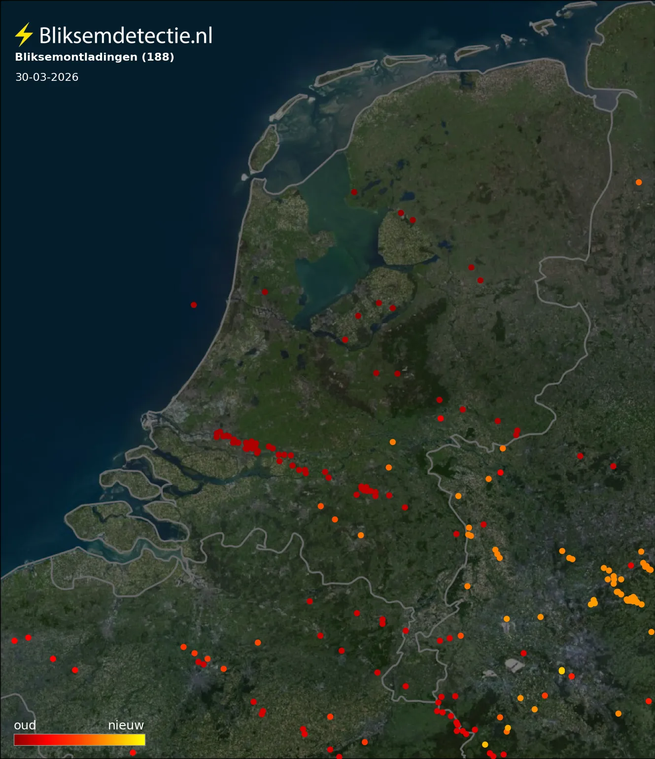 Bliksemkaart Nederland 30 maart 2026