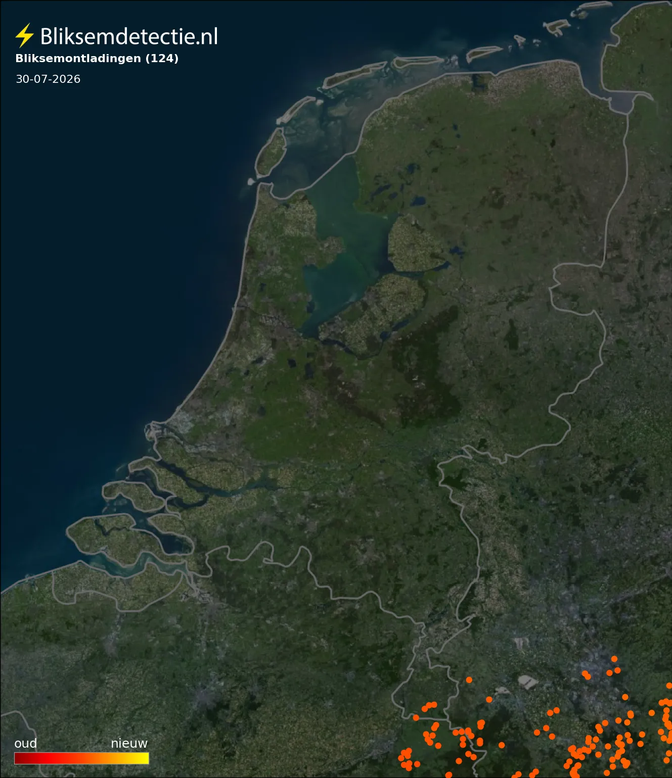 Bliksemkaart Nederland 30 juli 2026