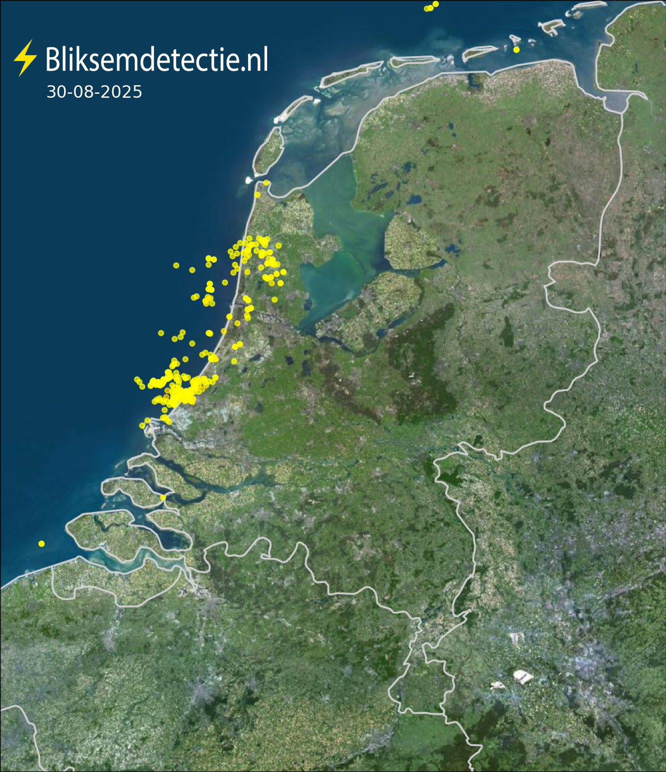 Bliksemkaart Nederland 30 augustus 2025