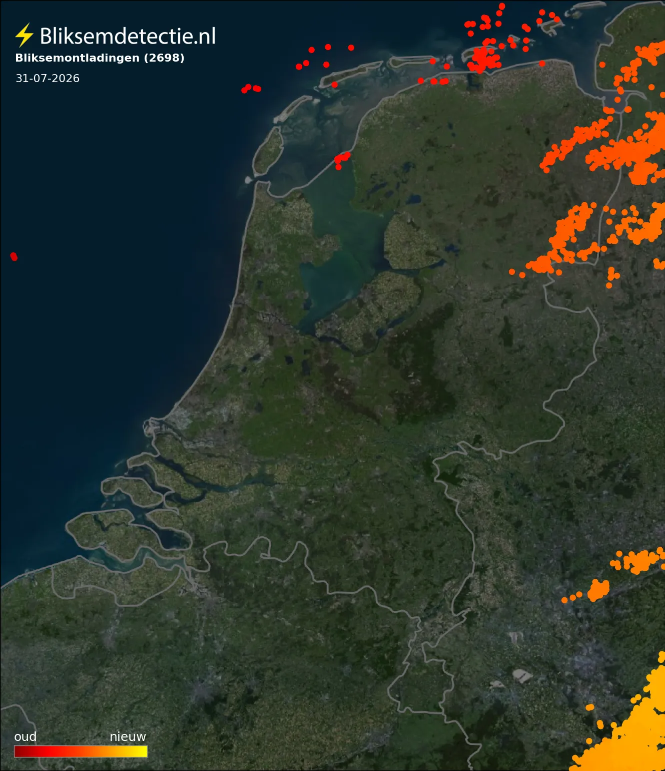 Bliksemkaart Nederland 31 juli 2026
